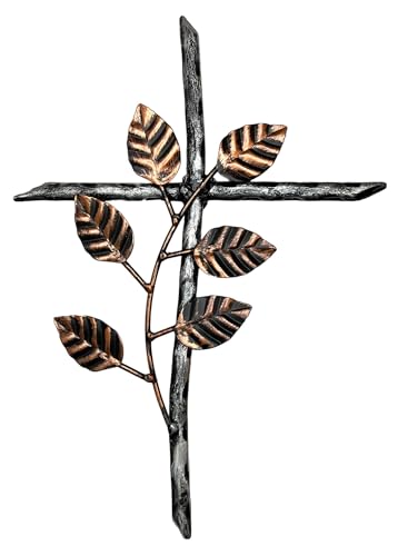12” Metal Wall Mount Cross – Floral Olive Branch – Holy Celtic Garden Crucifix Silver & Copper Finish, Modern Rustic Jesus Art Décor
