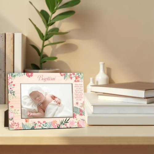 Baptism Wooden Picture Frame, Baby Girls Baptism Gifts from Godparents Friends and Family, Catholic Baby Gift, 4x6 Cute Flowers Design Picture Frame, Home Office Desktop Nightstand Decor -014 - color: Flowers-2