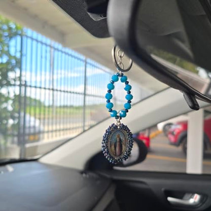 Sabeli Handmade Keychain Clip Holder - Catholic Rosary Bead Prayer - Religious Gifts Men Women - Llavero Catolico Regalo - color: Virgin Mary Dark Blue