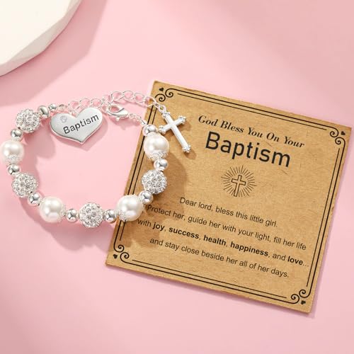 First Communion Confirmation Baptism Cross Bracelet for Girls, Catholic Jewelry Gifts for Kids Daughter Goddaughter Granddaughter 6+2 Inches - style: Baptism