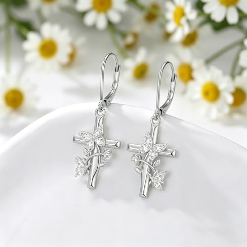 Butterfly Earrings for Women 925 Sterling Silver Birthstone Butterfly Cross Rose Dangle Earrings Elegant Butterfly's Jewelry Gift for Birthday Valentines Day Christmas - color: 4-April