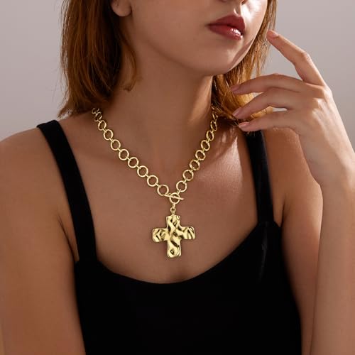 Poxtex Cross Necklace for Women Teen Girls, Dainty 14K Gold Silver Plated Cross Choker Jewelry Non Tarnish Waterproof Cute Simple Small Necklace Christian Baptism Religious Faith Jewelry Gifts - color: 09 chunky gold cross necklace