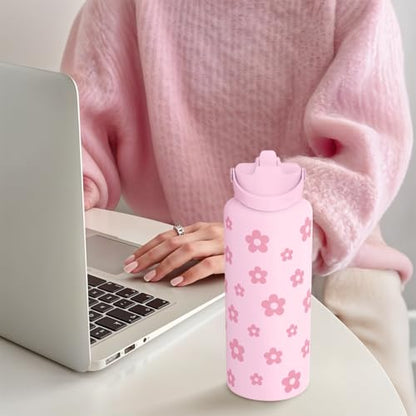 SANDJEST Floral Water Bottle Stainless Steel 32oz with Lid & Straw, Daisy Insulated Bottles Gifts for Women Girls Friends Teens Birthday Christmas - color: Daisy 1