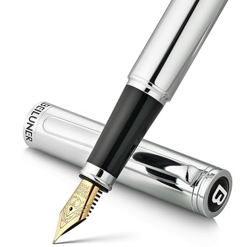BEILUNER Silver Fountain Pen,Stunning Luxury Pens with Bright Silver Chrome, Gorgeous 24K Gilded Nib(Fine),Gift Pen Set for Men&Women -Ink Converter-Elegant, Professional, Nice Pen for Writing - color: Silver, style: Fine Nib