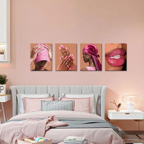 Pink Bedroom Wall Decor Black Girl Wall Art Canvas Prints Set of 4 - color: Framed 8"x10" Pink Black Women Wall Art Set of 4
