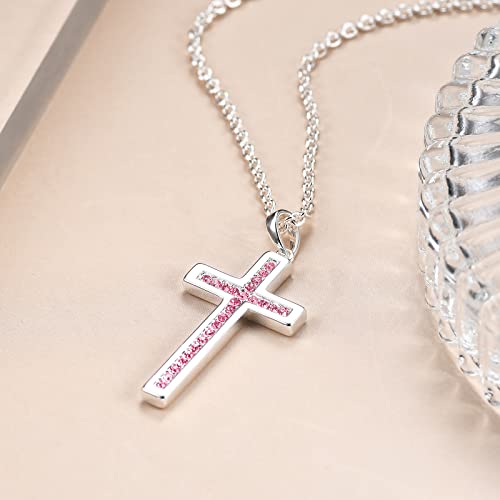 Baptism Cross Necklace for Women,First Communion Cross Necklaces Jewelry Gifts for Women - color: Birthstone 10-October-Pink