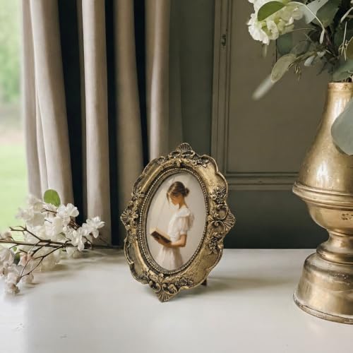 Vintage Reading Girl Small Bronze Oval Picture Frame, Elegant Women Mini Ornate Photo Frame Baroque for Wall Art Decor TableTop, Preppy Framed Artwork Gifts for Dorm Bedroom Book Lovers 4x5in - color: read