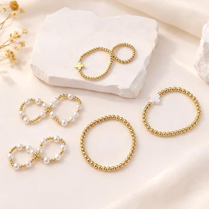 Gold Bracelets for Women Jewelry - Easter Basket Stuffers, Cross/Pearl/Beaded Bracelets Set, Dainty 14K Gold Plated Beaded Bracelets Stack, Birthday Easter Gifts for Women - color: 2Cross+1Bead+1Pearl
