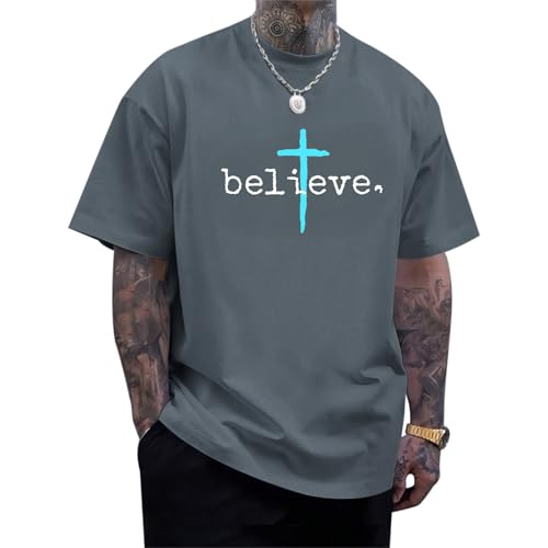 BeWithYou Christian Shirts for Men Vintage Faith Jesus God Tshirt Inspirational Cross Bible Verse Shirt Oversized Graphic Tee - color: Dark Gray, size: Large