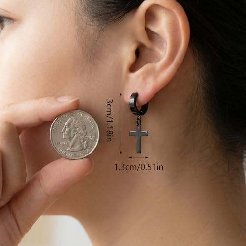 Cross Earrings Dangle Hinged Stainless Steel Hoop and Stud Fashion Ear Jewelry for Men Women - size: 3 Pair Wide