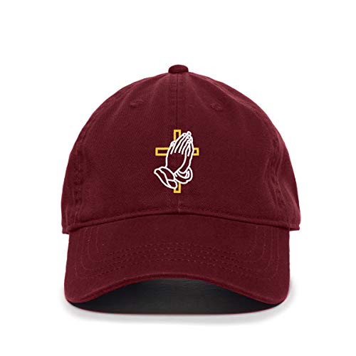 Praying Hands with Cross Baseball Cap Embroidered Cotton Adjustable Dad Hat - color: Burgundy