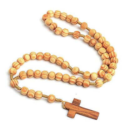 COLORFUL BLING Natural Wooden Catholic Rosaries Wood Crucifix Prayer Beads Pendant Necklace Prayer Jesus Religious Cross Rosary Necklace Handmade Jewelry - color: light textured