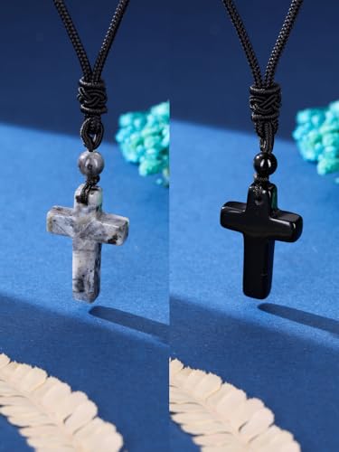 Top Plaza Healing Crystal Cross Necklace for Men - color: Black Obsidian+Labradorite