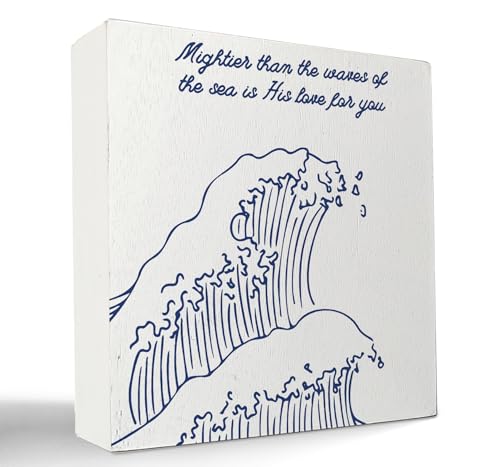 Inspirational Christian Ocean Beach Wooden Box Sign, Mightier Than The Waves Of The Sea Bible Verse Wood Signs for Home Office Prayer Room Desk Shelf Tabletop Decoration, 5x5 Inch - color: Christian Ocean