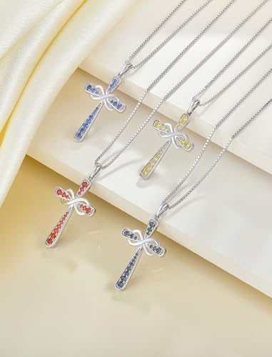 YL 925 Sterling Silver Cross Necklace for Women Halo Infinity Pendant Cubic Zirconia Jewelry for Mom - color: 01-garnet-Jan