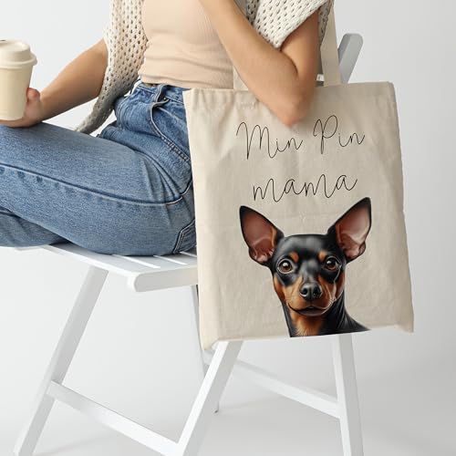 Dog Mom Canvas Tote Bag for Women, Reusable Cotton Shoulder Bag, Dog Lover Gift, Mother’s Day Pet Mom Shopping Tote - color: Min Pin