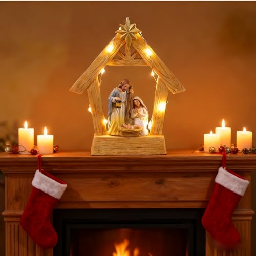 7.3'' Nativity Sets with Lights, Hand Painted Resin Holy Family Statues Manger Nativity Scene for Christmas Indoor Decorations(No Battery Included)