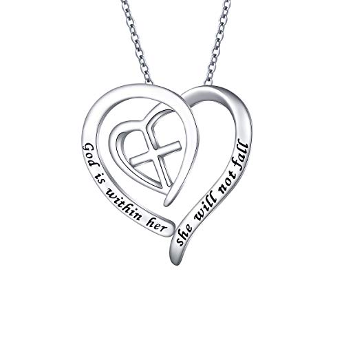 S925 Sterling Silver Christian Cross Heart Faith Bible Verse Necklace Rings - style: God is within her she will not fall.