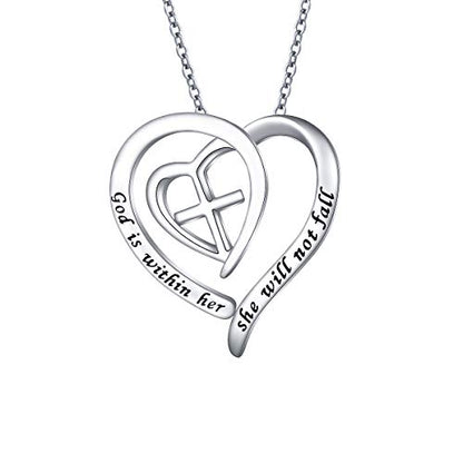S925 Sterling Silver Christian Cross Heart Faith Bible Verse Necklace Rings - style: God is within her she will not fall.