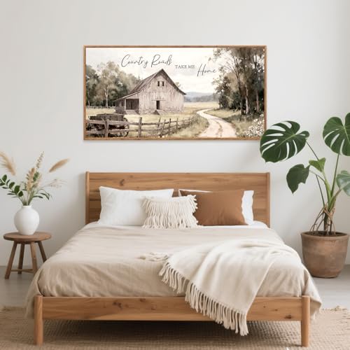 Aurlan Farmhouse Country Old Barn Framed Canvas Wall Art 40x20 Inch - color: Country Roads Take Me Home, size: 40"L x 20"W