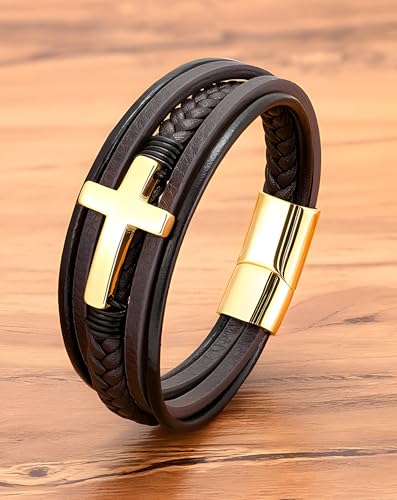 Cross Leather Bracelet for Men, Multi-Layer Braided Mens Religious Cuff Bracelets with Stainless Steel Clasp Anniversary Father's Day Birthday Christmas Jewelry Gifts for Him - color: Gold Clasp & Brown Leather