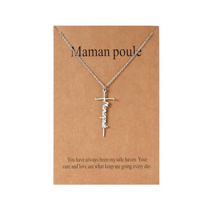 Lcherry Birthday Gifts for Grandma Mom Daughter Teacher Cross Necklace for Women Christian Necklaces Religious Gifts Jewelry for Women Mother's Day - style: Maman poule