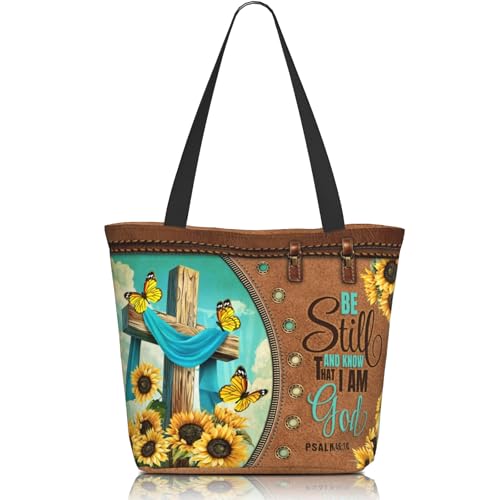 Bible Tote Bags for Women Christian Gifts Religious Church Shoulder Bag - color: Sunflower Cross