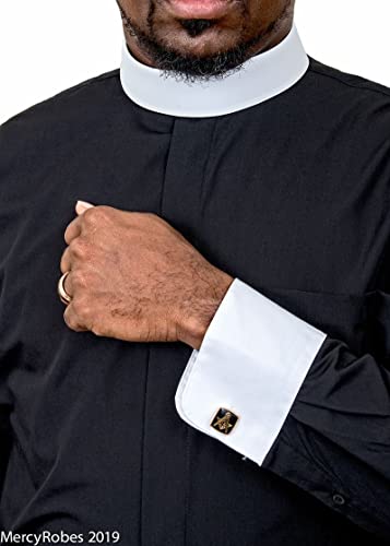 Mens Long Sleeve Standard Cuff Full Neckband Collar with Contrast Cuff Clergy Shirt | Black - size: 16" Neck 32"-33" Sleeve