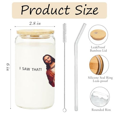 IWXYI I Saw That Glass Cup with Lids and Straws 14oz, Funny Gifts for Women Men Friends, I Saw That Iced Coffee Tea Drinking Glasses with Cleaning Brush - color: Funny