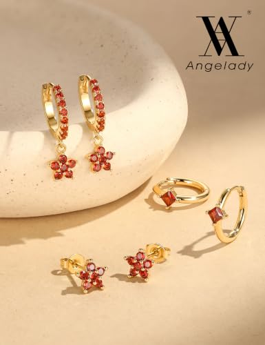 Angelady Gold Hoop Earrings Set for Women, Dainty 14K Gold Plated Flower Moon Cross Dangle Earrings, Hypoallergenic Huggie Hoop Earring Stacks, Stud Earrings for Women Trendy Jewelry Gift - color: Gold Red CZ