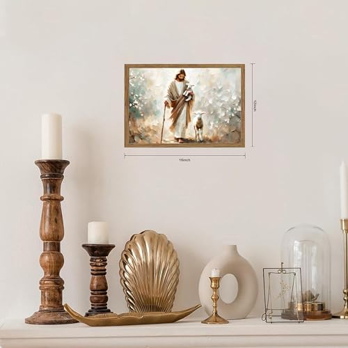 Christian Wall Art, Jesus the Good Shepherd Canvas Painting, Lost Sheep Biblical Scene, 3D Textured Sandstone Style Wood Framed Artwork for Prayer Room Bedroom 16x12 Ready to Hang - color: Jesus Finds The Lost Lamb, size: 16"L x 12"W