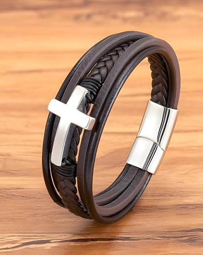 Cross Leather Bracelet for Men, Multi-Layer Braided Mens Religious Cuff Bracelets with Stainless Steel Clasp Anniversary Father's Day Birthday Christmas Jewelry Gifts for Him - color: Silver Clasp & Brown Leather