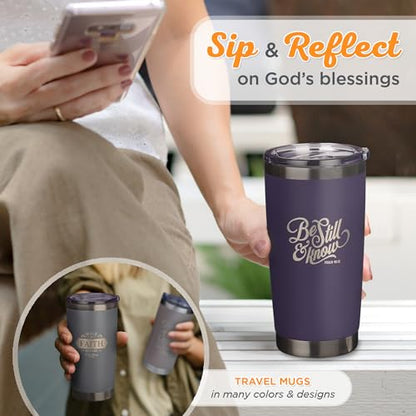 Christian Art Gifts Stainless Steel Double Wall Vacuum Insulated Tumbler 18 oz - color: Purple/Be Still