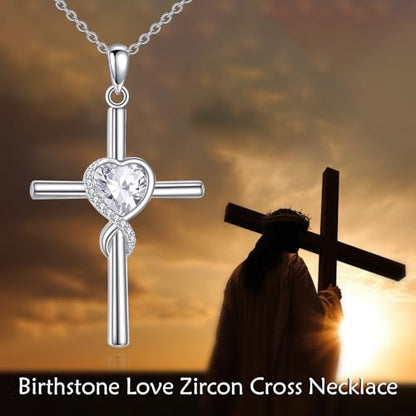 S925 Sterling Silver Cross Necklace for Women Birthstone Necklace Heart Infinity Cross Pendant Necklace Christmas Valentines Day Gifts Birthday Holiday Gifts for Her, 18"+2" Inches - color: 04-Apr Birthstone - 5ACubic Zirconia