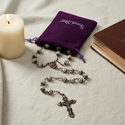 Nazareth Store Natural Stone Beads 8mm Rosary Necklace Antique Copper Design Holy Soil Medal & Cross in Velvet Bag - Catholic Rosaries Terra Santa Jerusalem Collection - color: Dalmatian Jasper