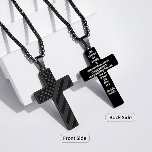 American Flag Cross Necklace for Men, Christian Confirmation Baptism Gifts - color: Black, style: Serenity Prayer