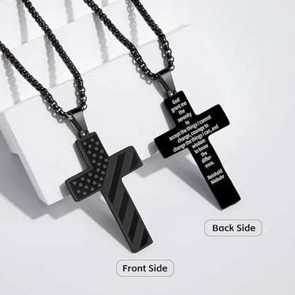American Flag Cross Necklace for Men, Christian Confirmation Baptism Gifts - color: Black, style: Serenity Prayer