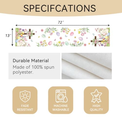 Easter Table Runner with Bunny Cross & Spring Floral Egg Design, 72x13 Inch