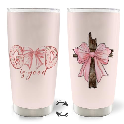 Christian God is Good Pink Bow Cross 20oz Travel Coffee Mug Tumbler, Christian Easter Tumbler Gifts for Women Kids, Preppy Stuff, Pink Preppy Water Stainless Steel Tumbler with Lid and Straw - color: bow