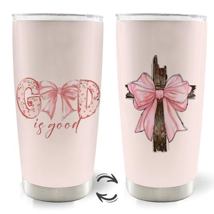 Christian God is Good Pink Bow Cross 20oz Travel Coffee Mug Tumbler, Christian Easter Tumbler Gifts for Women Kids, Preppy Stuff, Pink Preppy Water Stainless Steel Tumbler with Lid and Straw - color: bow