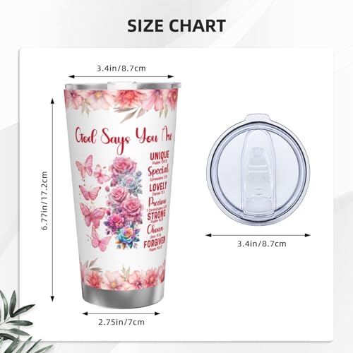20 oz Religious Inspirational God Says You Are Tumbler with Lid, Faith Sign Sunflower Butterfly Stainless Steel Double Wall Cup for Hot Cold Coffee, Travel Mug Gifts for Women - color: Straw Three-piece Set 5