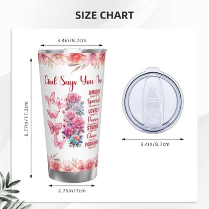20 oz Religious Inspirational God Says You Are Tumbler with Lid, Faith Sign Sunflower Butterfly Stainless Steel Double Wall Cup for Hot Cold Coffee, Travel Mug Gifts for Women - color: Straw Three-piece Set 5