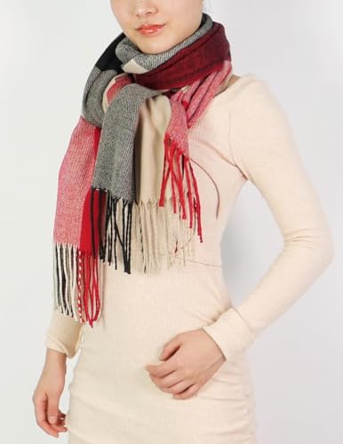 Wander Agio Women's Fashion Long Shawl Big Grid Winter Warm Lattice Large Scarf - color: Black Camel Red 15