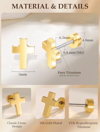 Limerencia Titanium Stud Earrings, Cross Earrings for Sensitive Ears - color: Gold +Screw Back