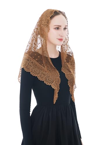 Wgior Triangle Vintage Inspired Lace Chapel Veils Catholic Mass Head Covering Scarf Mantilla Veils for Church - color: Brown