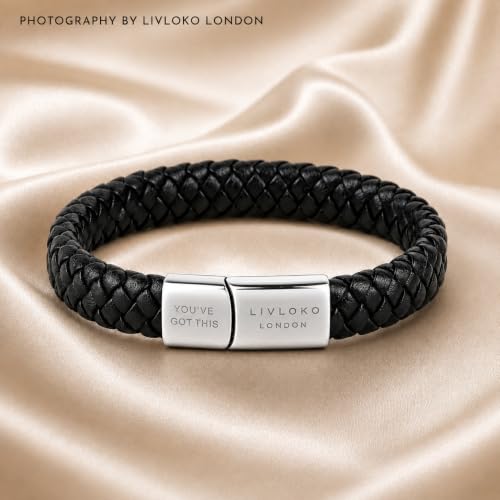 LONDON Mens Braided Leather Bracelet for Men, Adjustable Stainless Steel Clasp Wrist Bracelet, Motivational Meaningful Personalized Gift for Him, Birthday Fathers Day Gift for Him Husband Boyfriend Dad or Son, with Premium Gift Box, Handmade in Black & Br