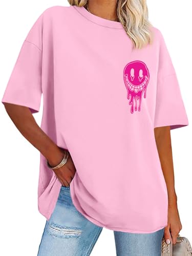 Womens Oversized Tshirt Graphic Tees Crew Neck Summer Short Sleeve Tops - color: A-letter Print Pink, size: Small