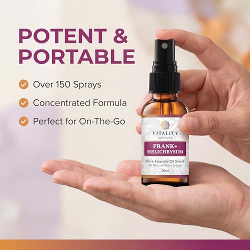 Vitality Extracts Frank+ Helichrysum Essential Oil Blend - 30ml Spray Bottle, Frankincense Boswellia Seratta, Aromatherapy, Soft Skin, Relief from Daily Aches & Soreness, Natural - size: 1.01 Fl Oz (Pack of 1)
