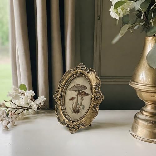 Vintage Mushroom Small Bronze Oval Picture Frame, Fall Botanical Mini Ornate Photo Frame Baroque for Wall Art Decor TableTop Desk,Rustic Autumn Framed Artwork Gifts for Office Halloween 4x5in - color: mushroom