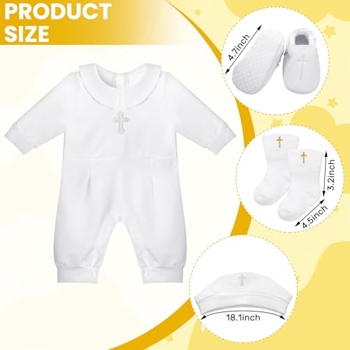 4 Pcs Baby Boy Baptism Outfits with Cross Christening Outfit Jumpsuit Hat Shoes Socks for Newborn Infant Boys - size: 6-12 Month